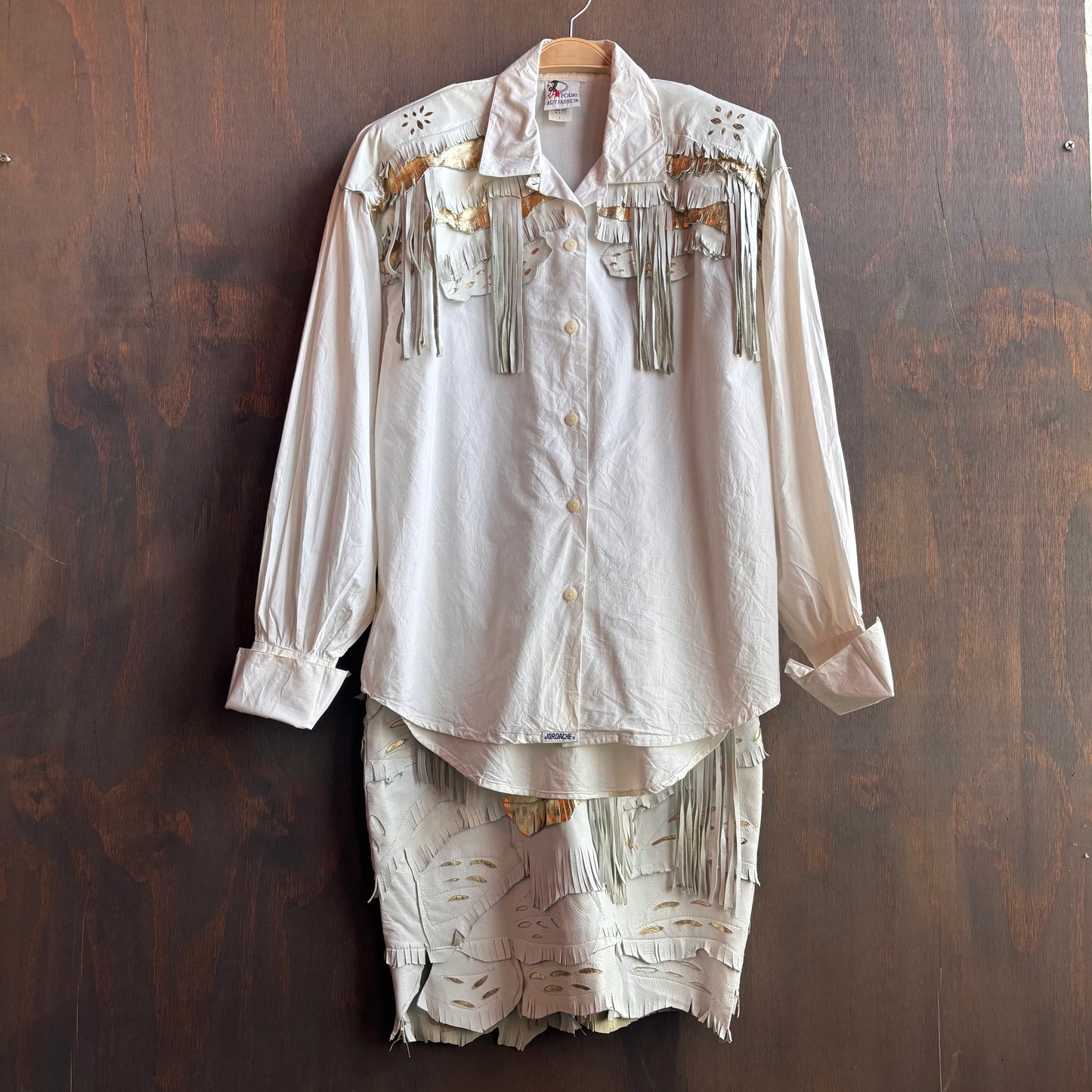White Denim Shirt and Leather Skirt Set