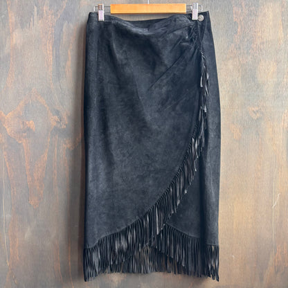 Vintage Black Leather Fringed Wrap Skirt