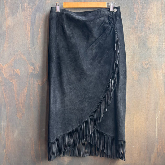 Vintage Black Leather Fringed Wrap Skirt