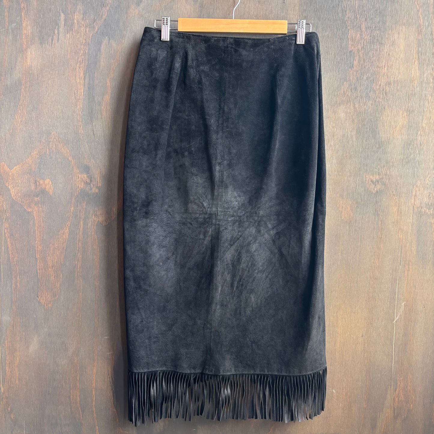 Vintage Black Leather Fringed Wrap Skirt