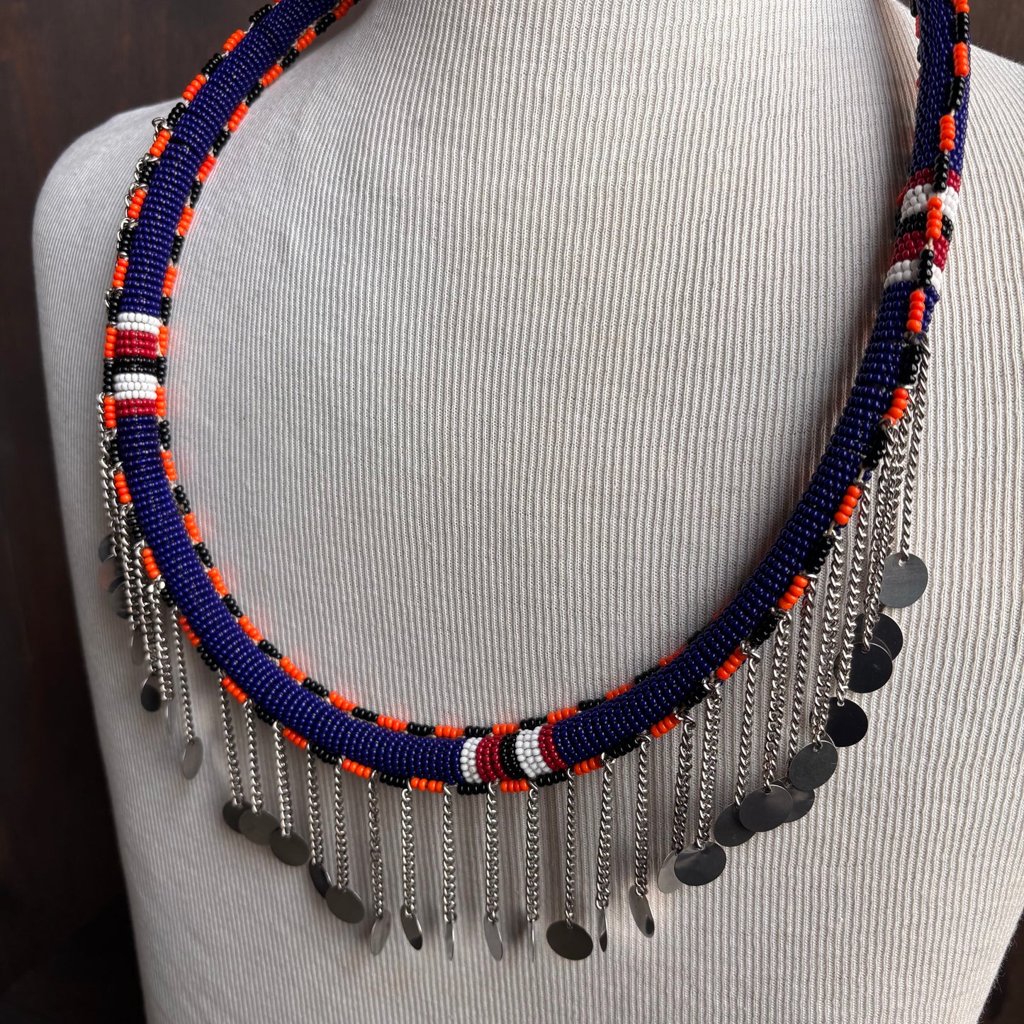 Beaded Necklace with Metal Medallions