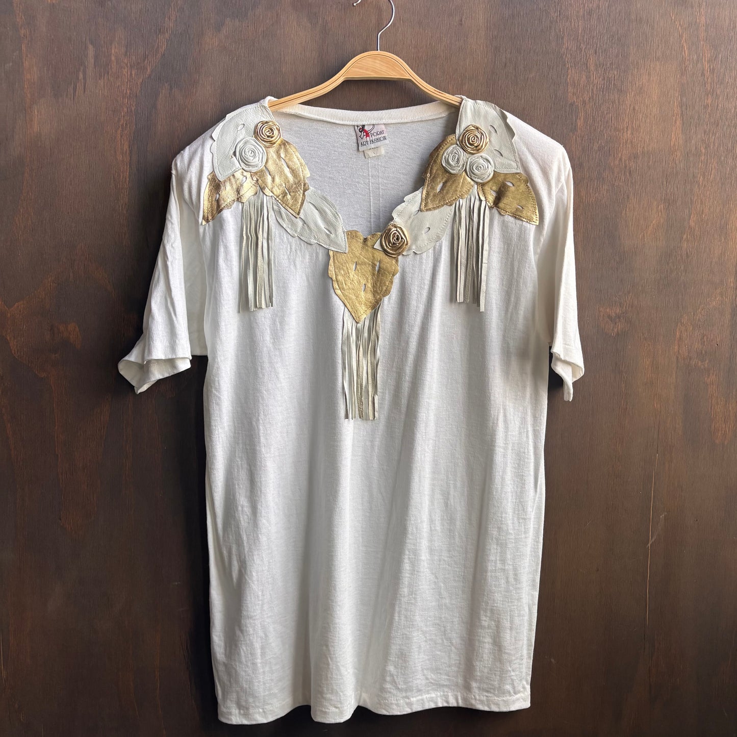Art Porat White and Gold Rosette Fringed T-Shirt