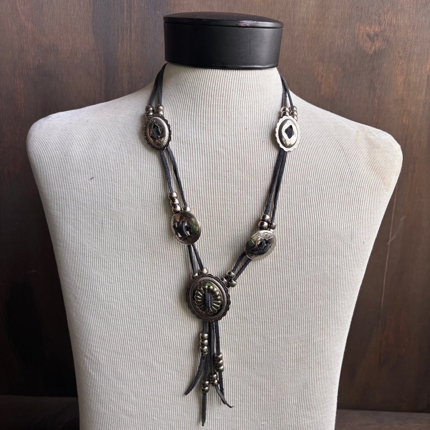 Black Leather Cord Concho Necklace