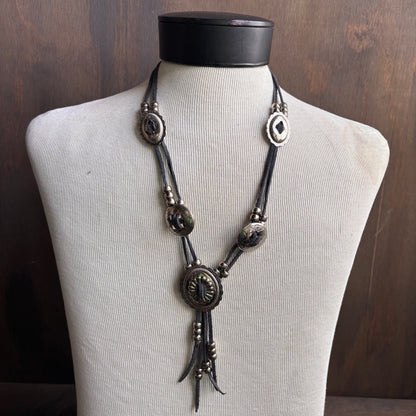 Black Leather Cord Concho Necklace