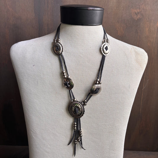 Black Leather Cord Concho Necklace