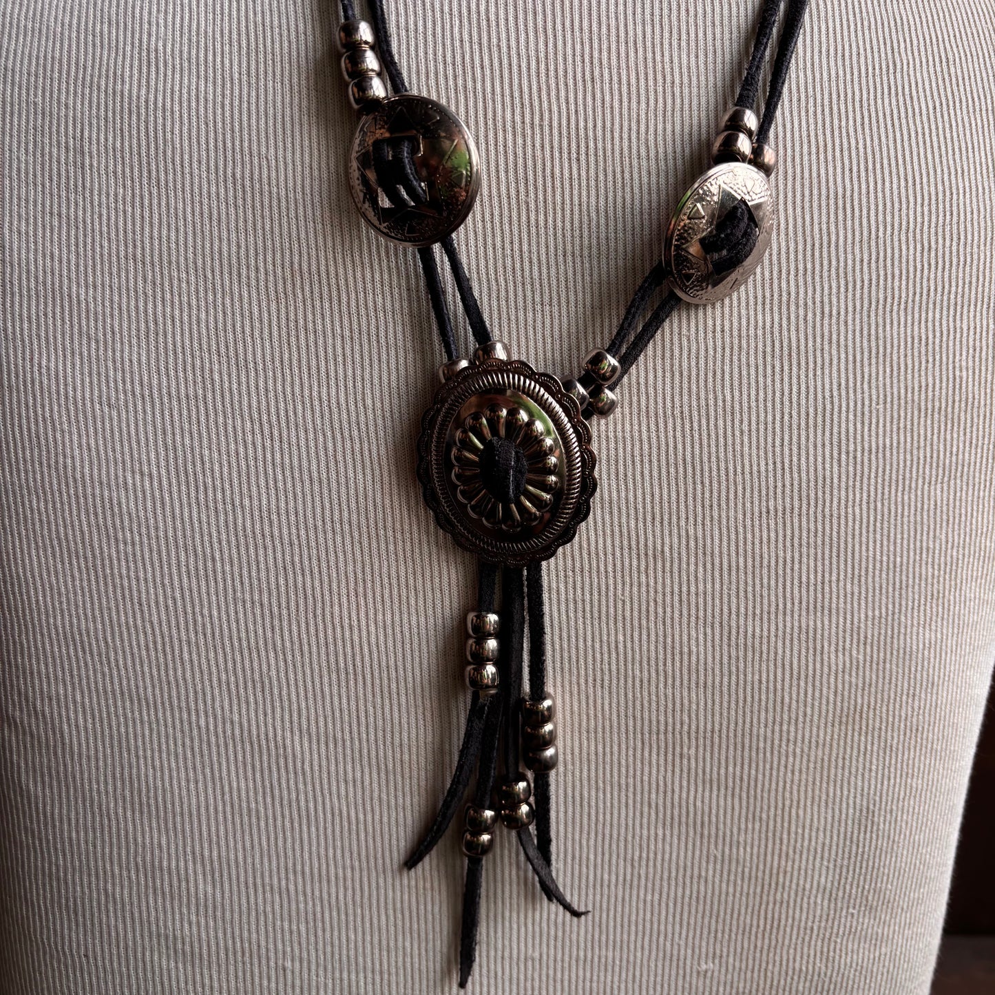 Black Leather Cord Concho Necklace