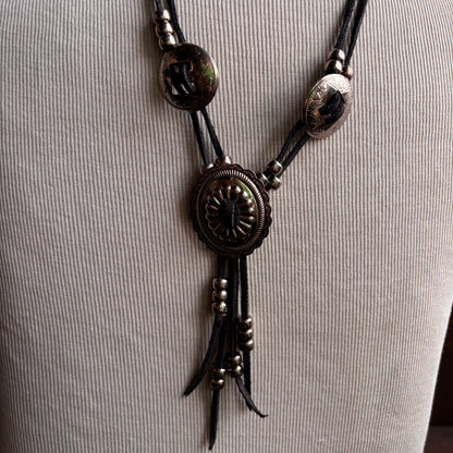 Black Leather Cord Concho Necklace