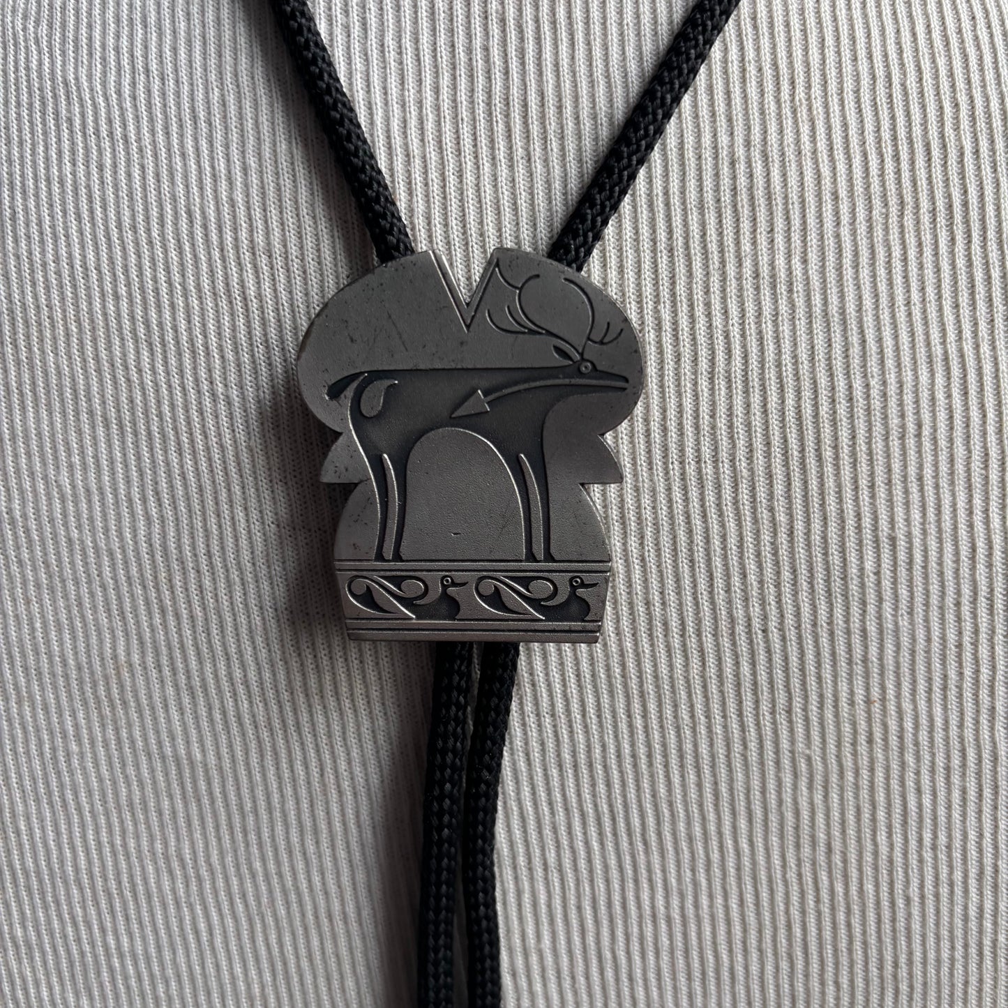 Silver Graphic Deer Bolo on Black Tie