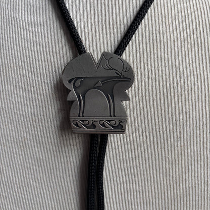 Silver Graphic Deer Bolo on Black Tie