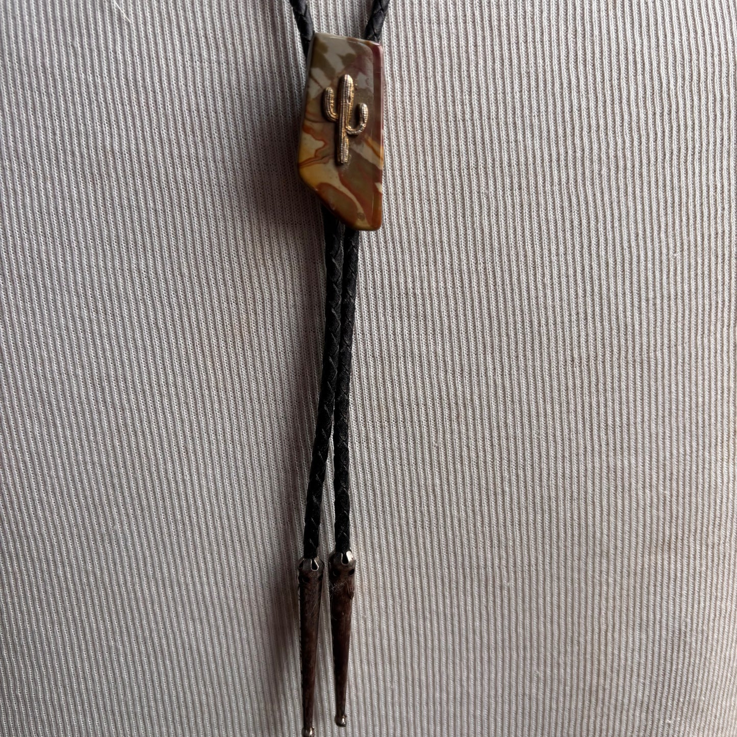 Stone with Cactus Bolo on Black Leather Tie