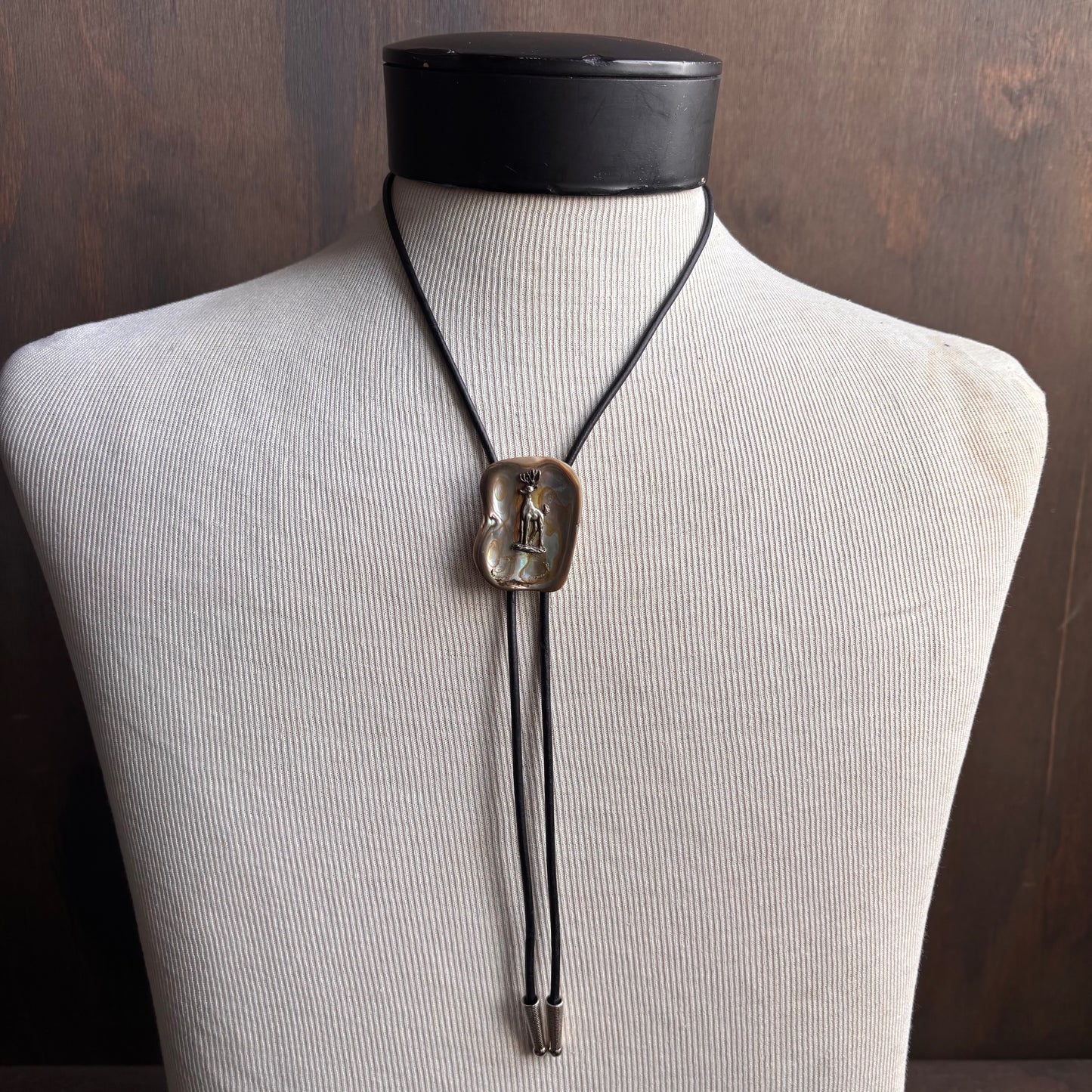Vintage Abalone Buck Bolo on Black Leather Tie