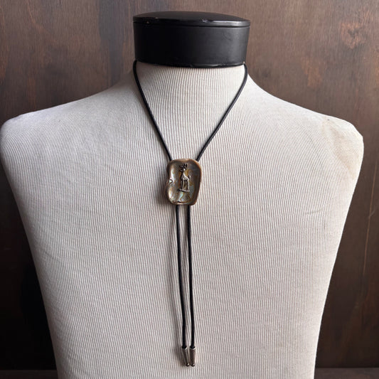 Vintage Abalone Buck Bolo on Black Leather Tie