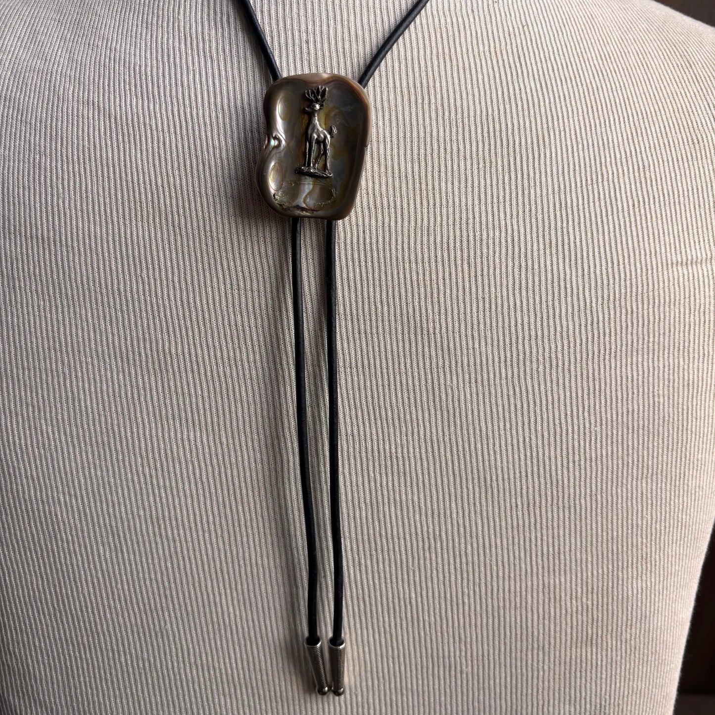 Vintage Abalone Buck Bolo on Black Leather Tie