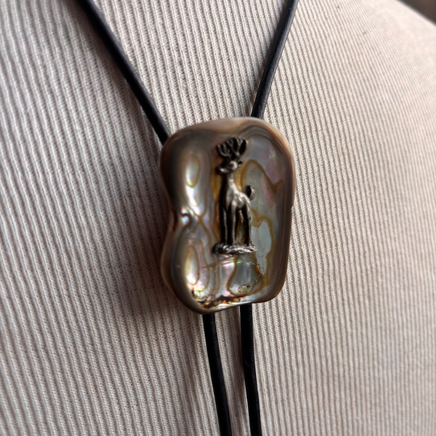 Vintage Abalone Buck Bolo on Black Leather Tie