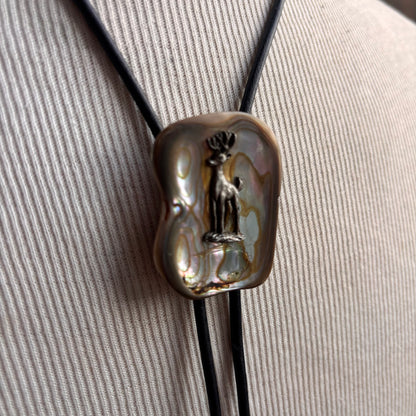 Vintage Abalone Buck Bolo on Black Leather Tie
