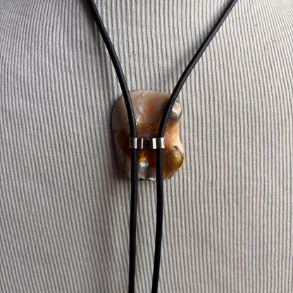 Vintage Abalone Buck Bolo on Black Leather Tie