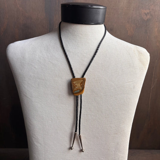 Polished Stone Bolo on Black Leather Tie