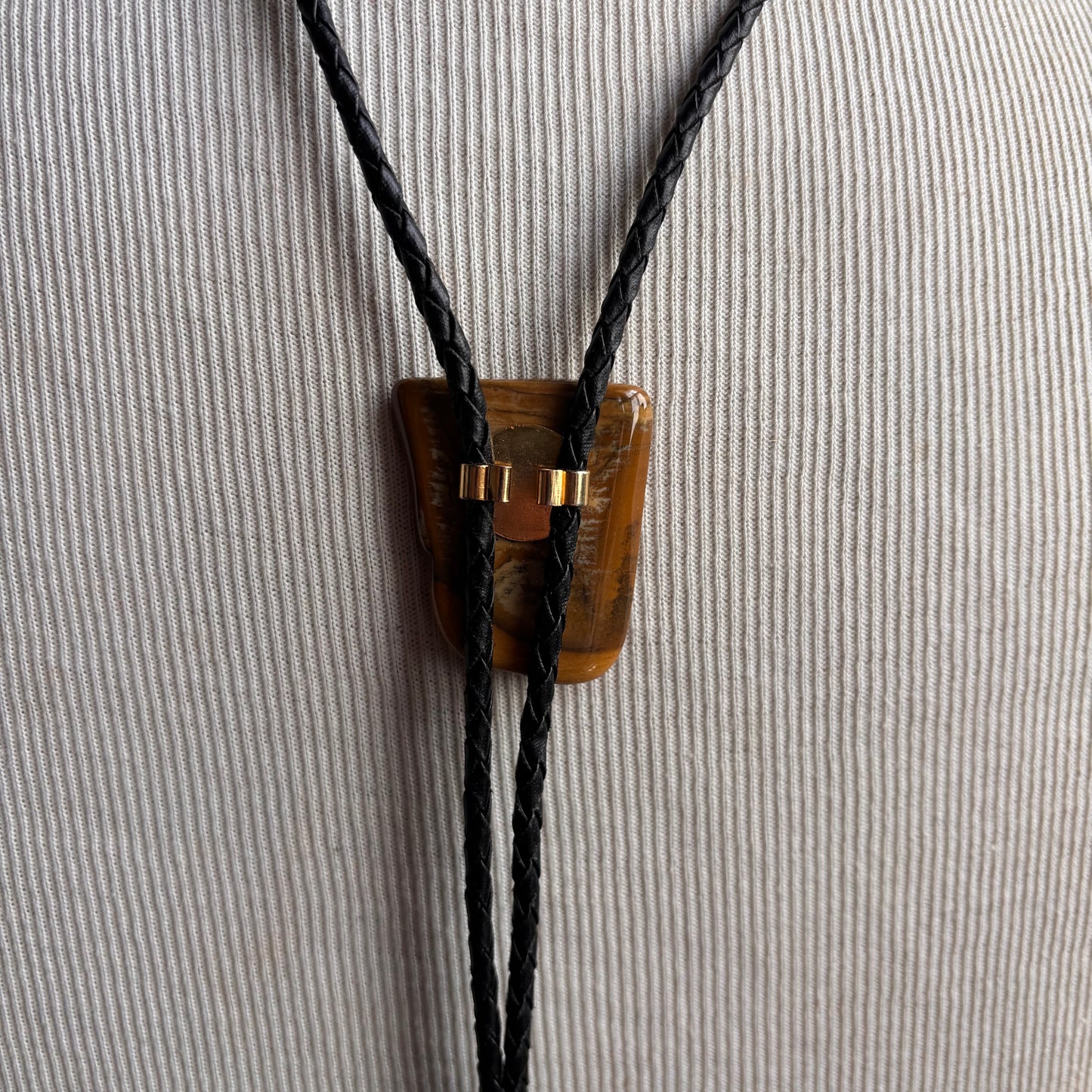 Polished Stone Bolo on Black Leather Tie
