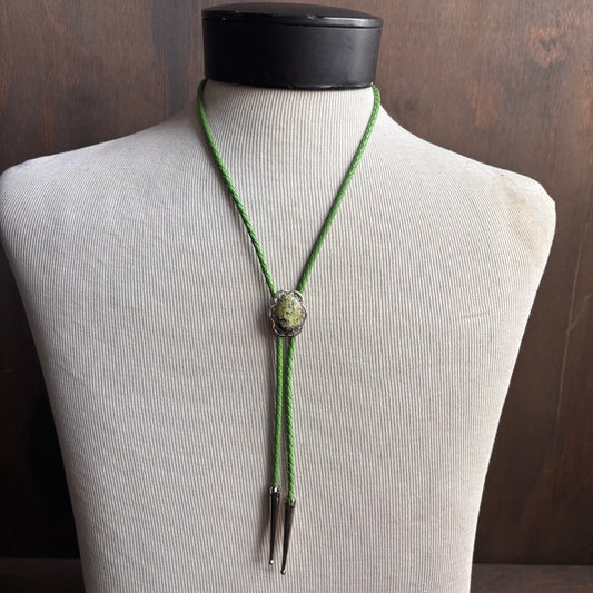 Green Stone Bolo on Green Leather Tie