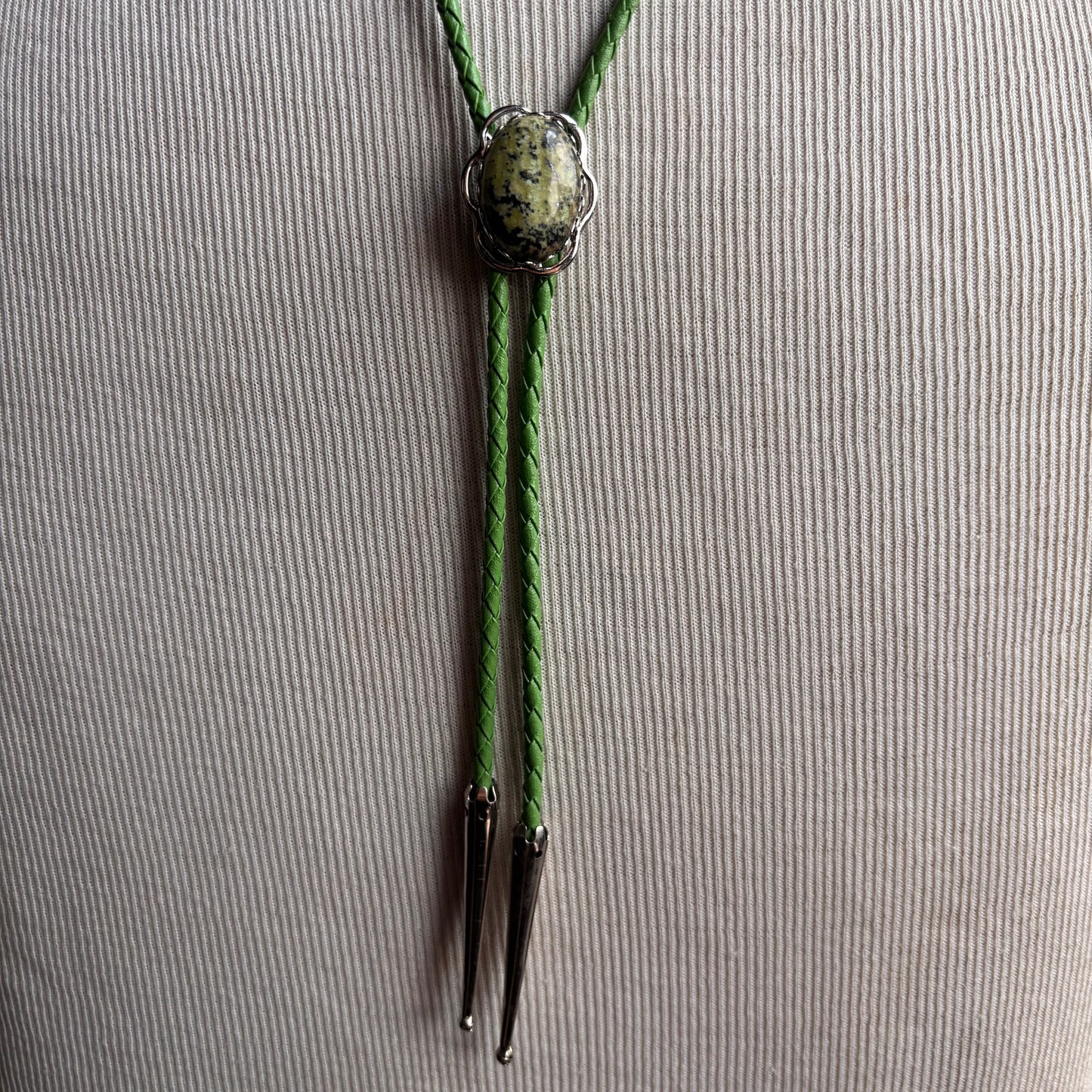 Green Stone Bolo on Green Leather Tie