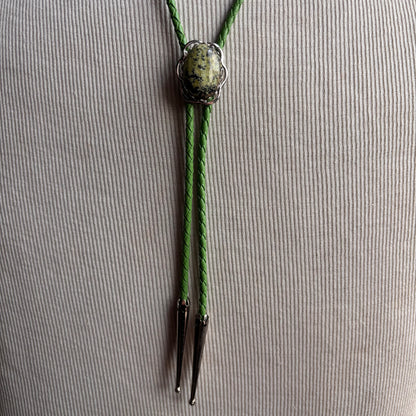 Green Stone Bolo on Green Leather Tie