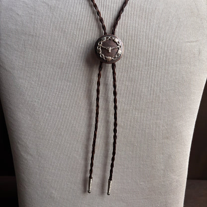 Longhorn Bolo on Brown Braided Tie