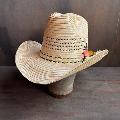 Straw Hat with Green Woven Band and Feathers