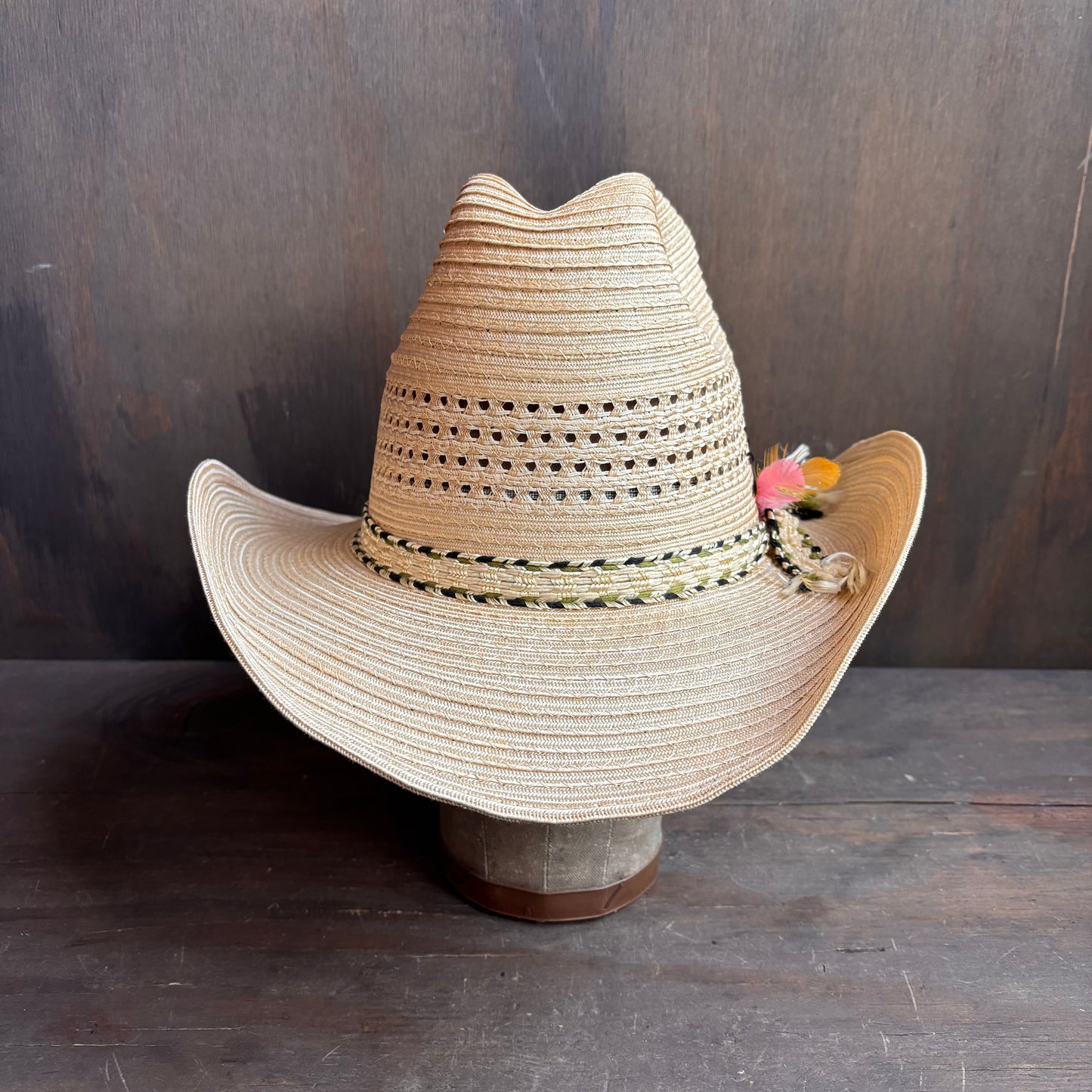 Straw Hat with Green Woven Band and Feathers
