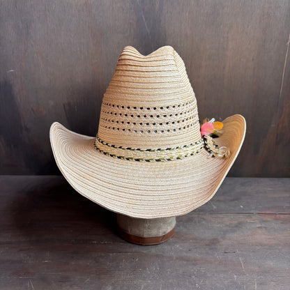 Straw Hat with Green Woven Band and Feathers
