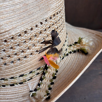 Straw Hat with Green Woven Band and Feathers