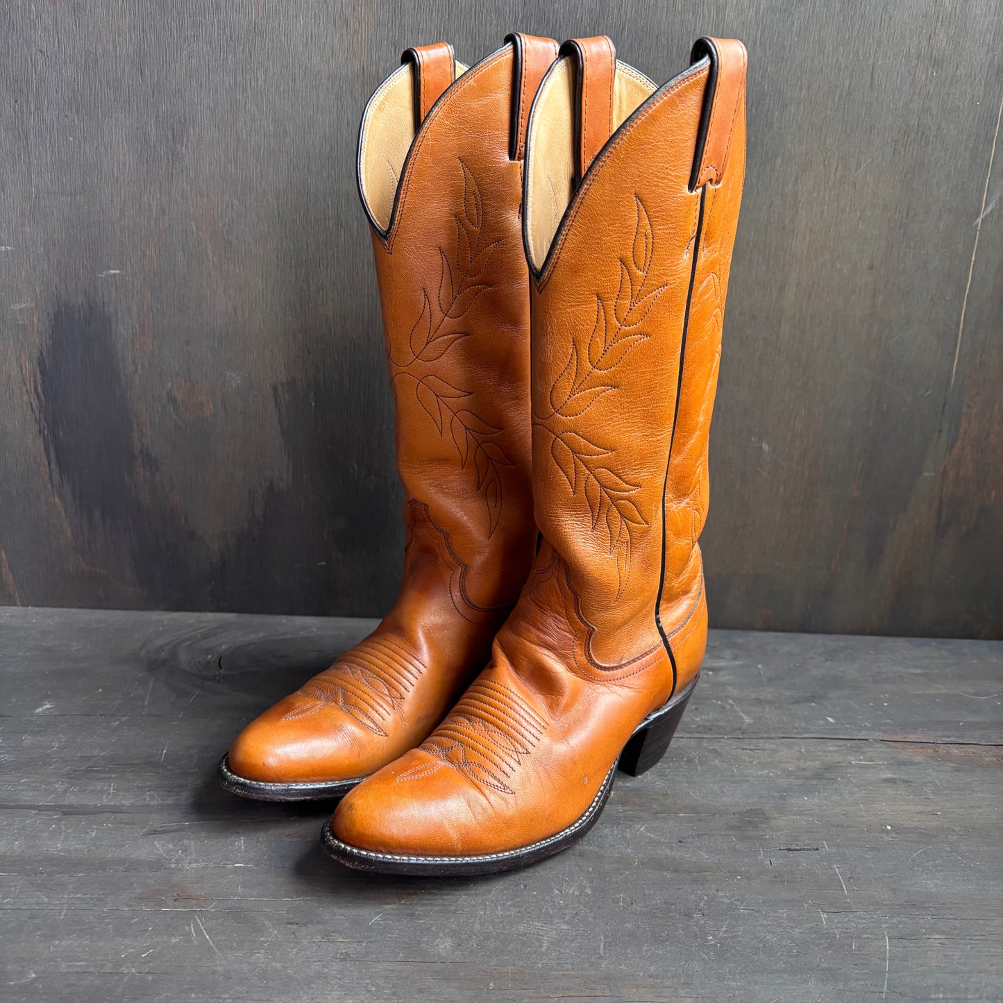 Justin Tan Leather Boots with Floral Stitching