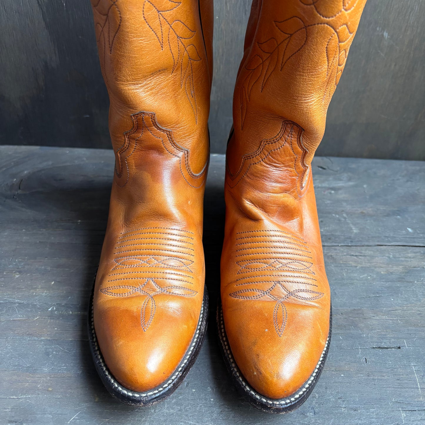 Justin Tan Leather Boots with Floral Stitching