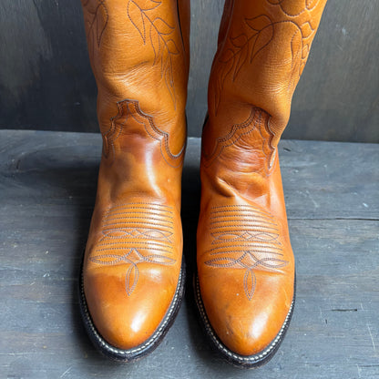 Justin Tan Leather Boots with Floral Stitching