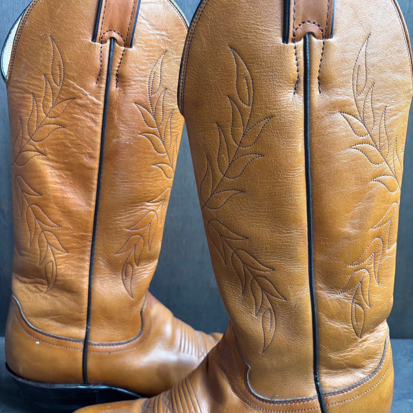 Justin Tan Leather Boots with Floral Stitching