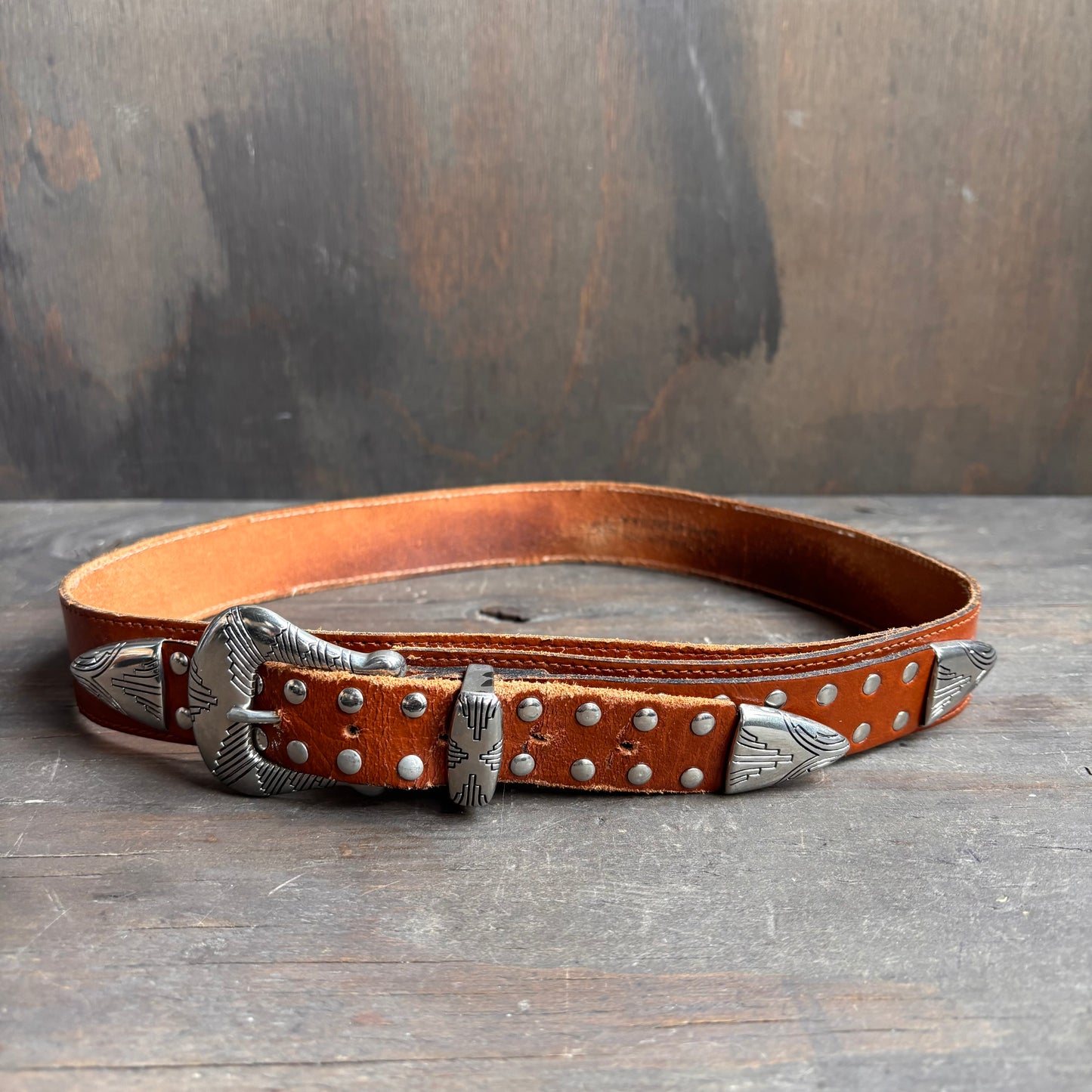 Vintage Tan Leather Belt with Metal Embellishment