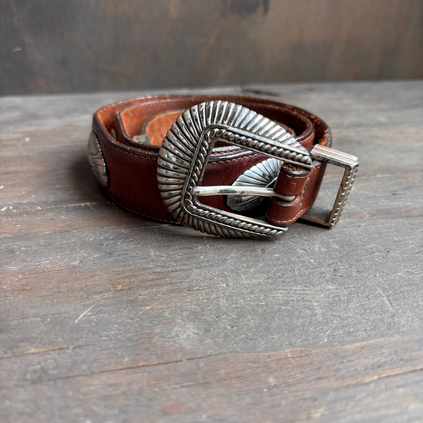 Vintage Brown Leather Belt with Conchos