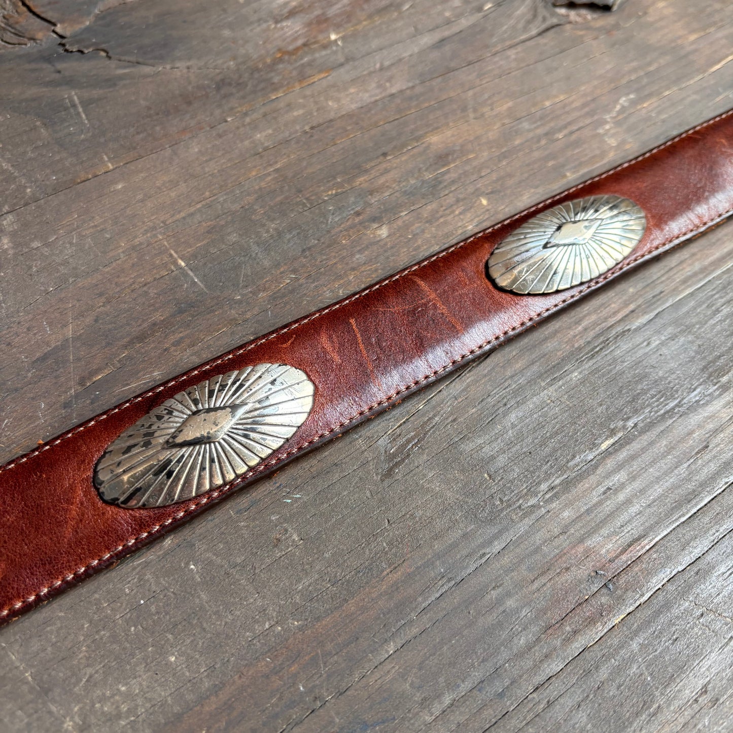 Vintage Brown Leather Belt with Conchos