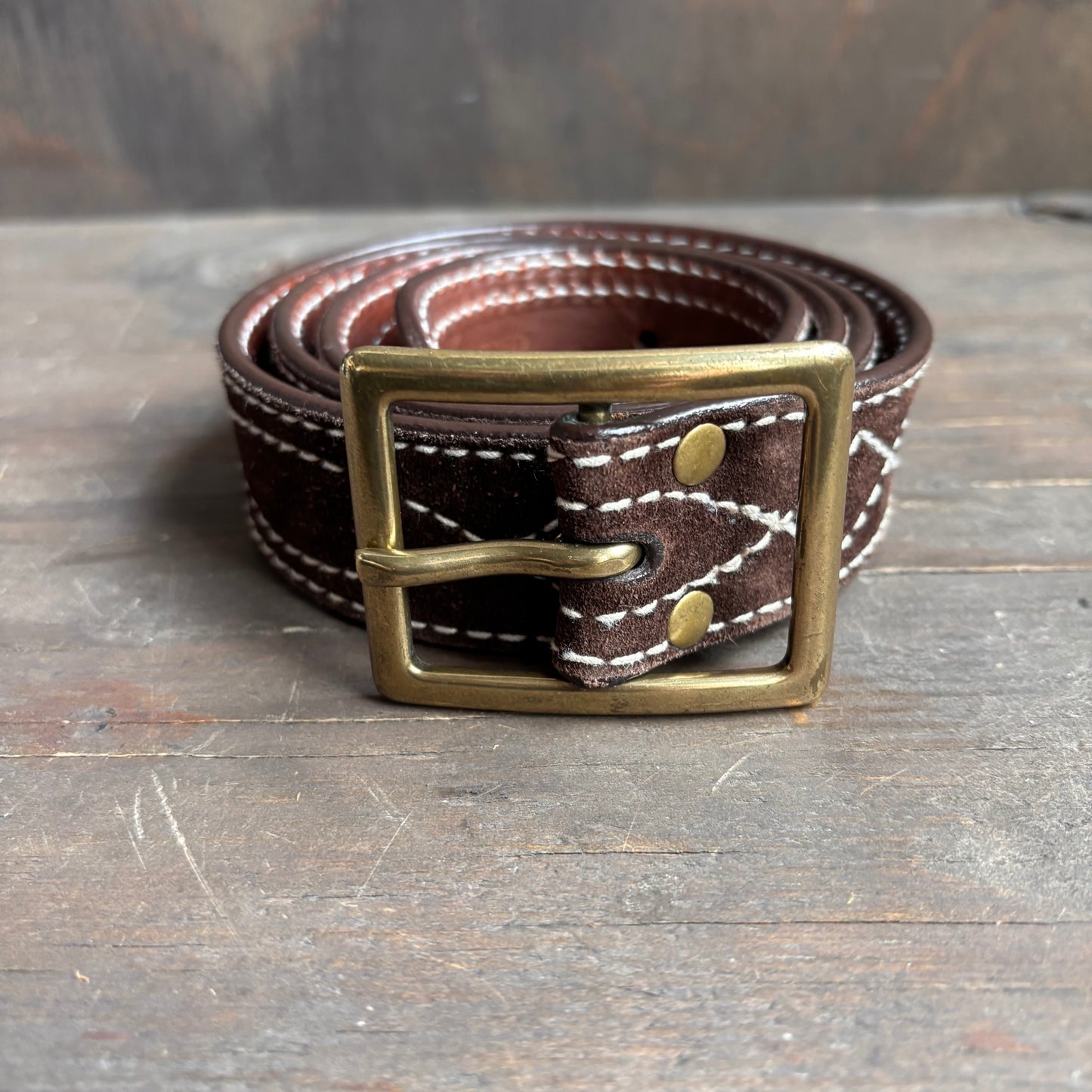 Brown Leather Belt with White Stitching