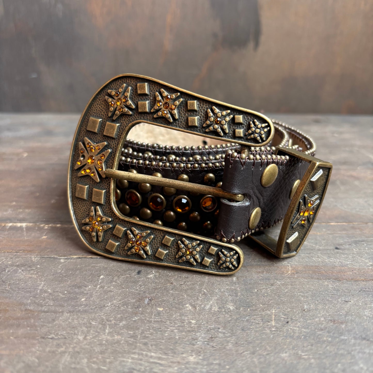 Embellished Leather Belt with Fleur-de-Lis
