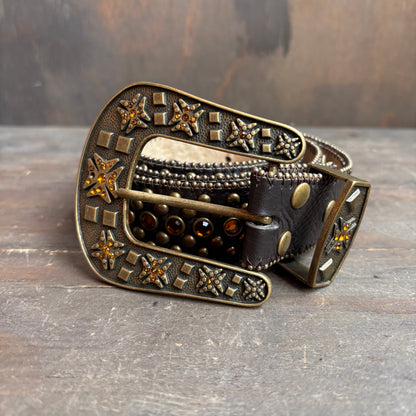 Embellished Leather Belt with Fleur-de-Lis