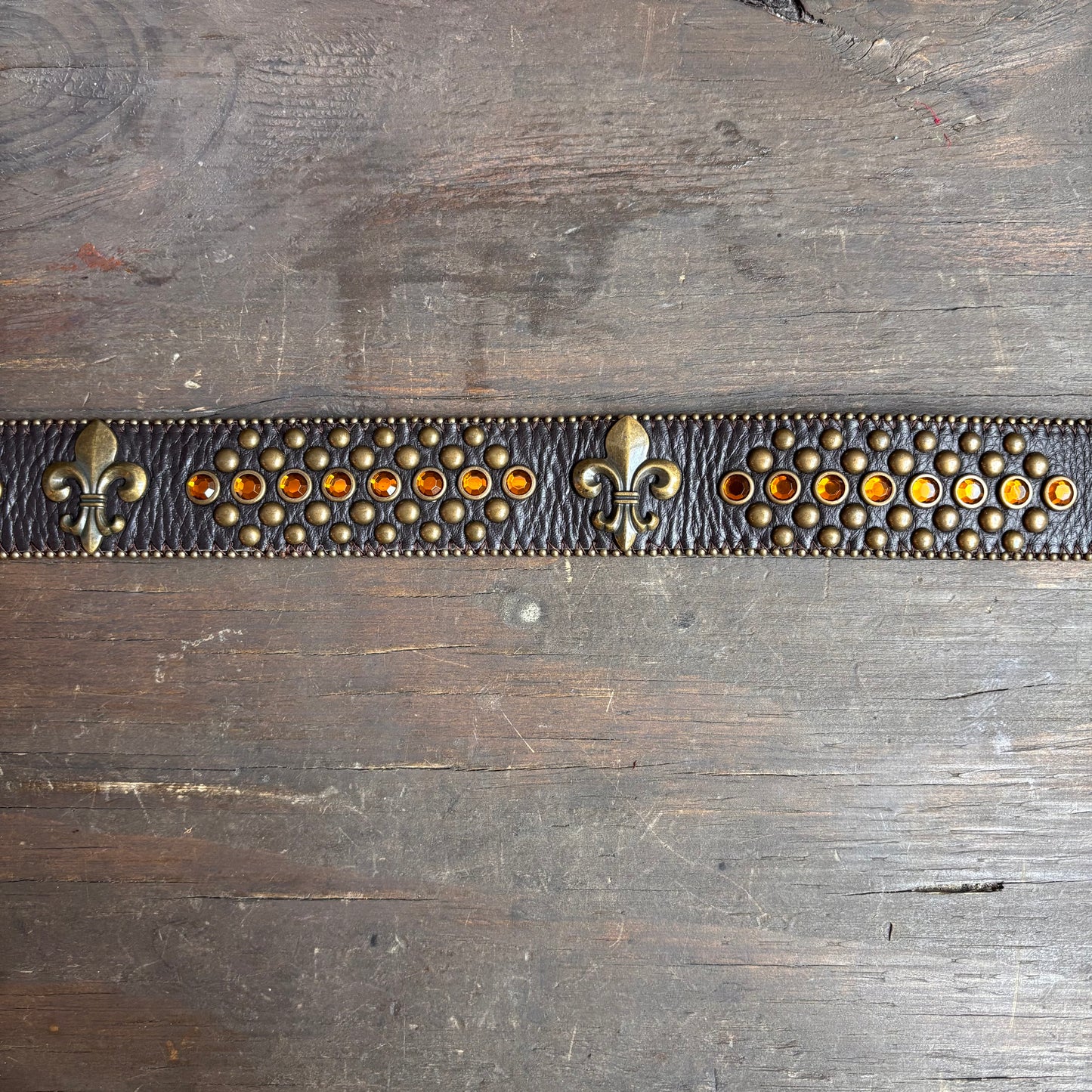 Embellished Leather Belt with Fleur-de-Lis