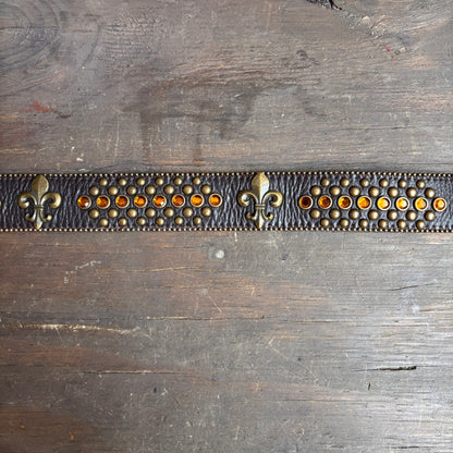 Embellished Leather Belt with Fleur-de-Lis