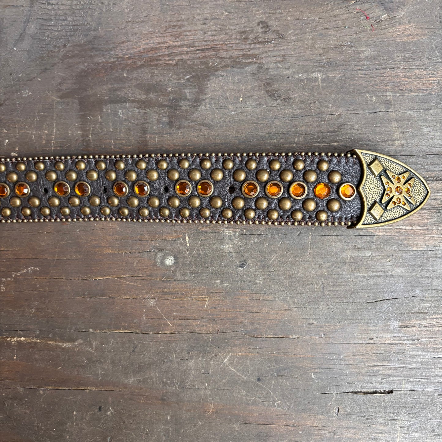 Embellished Leather Belt with Fleur-de-Lis