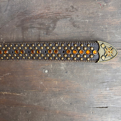 Embellished Leather Belt with Fleur-de-Lis
