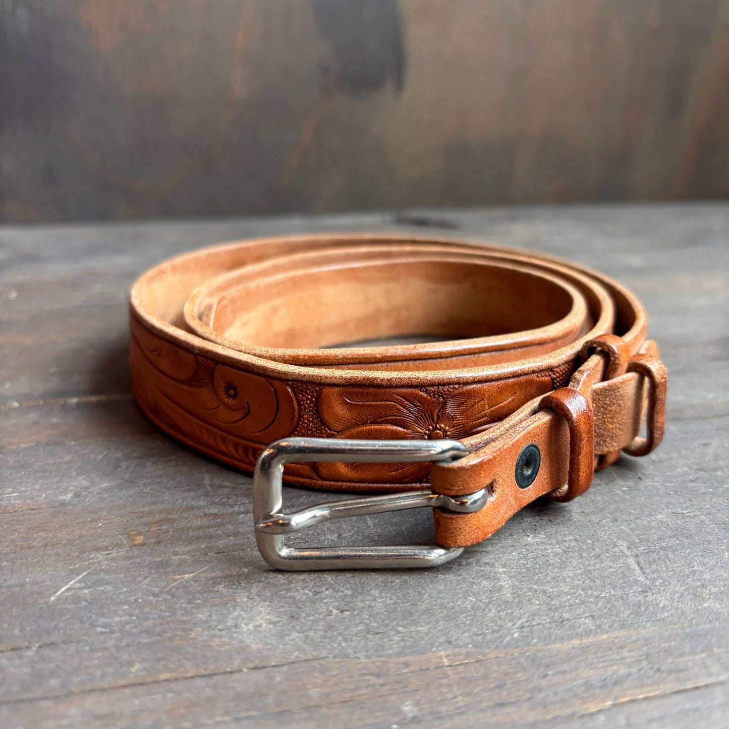 Vintage Tan Tooled Leather Belt