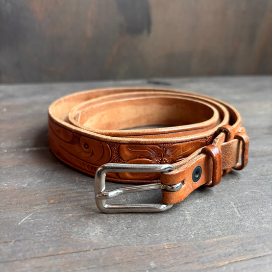 Vintage Tan Tooled Leather Belt