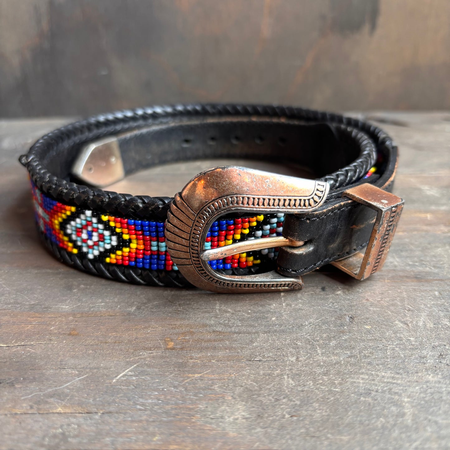 Vintage Black Leather Beaded Belt