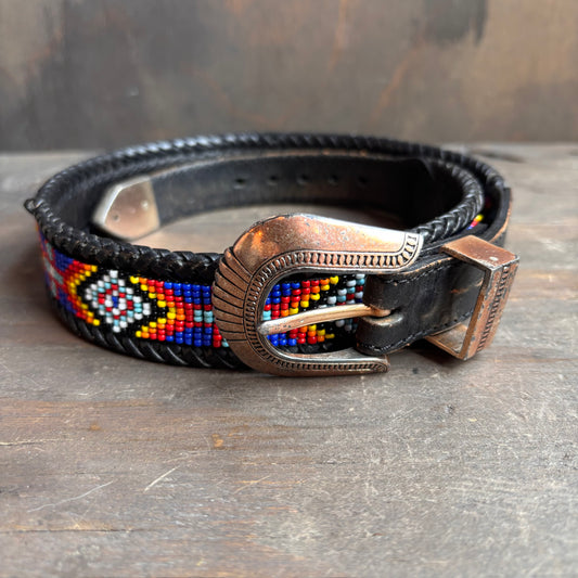 Vintage Black Leather Beaded Belt