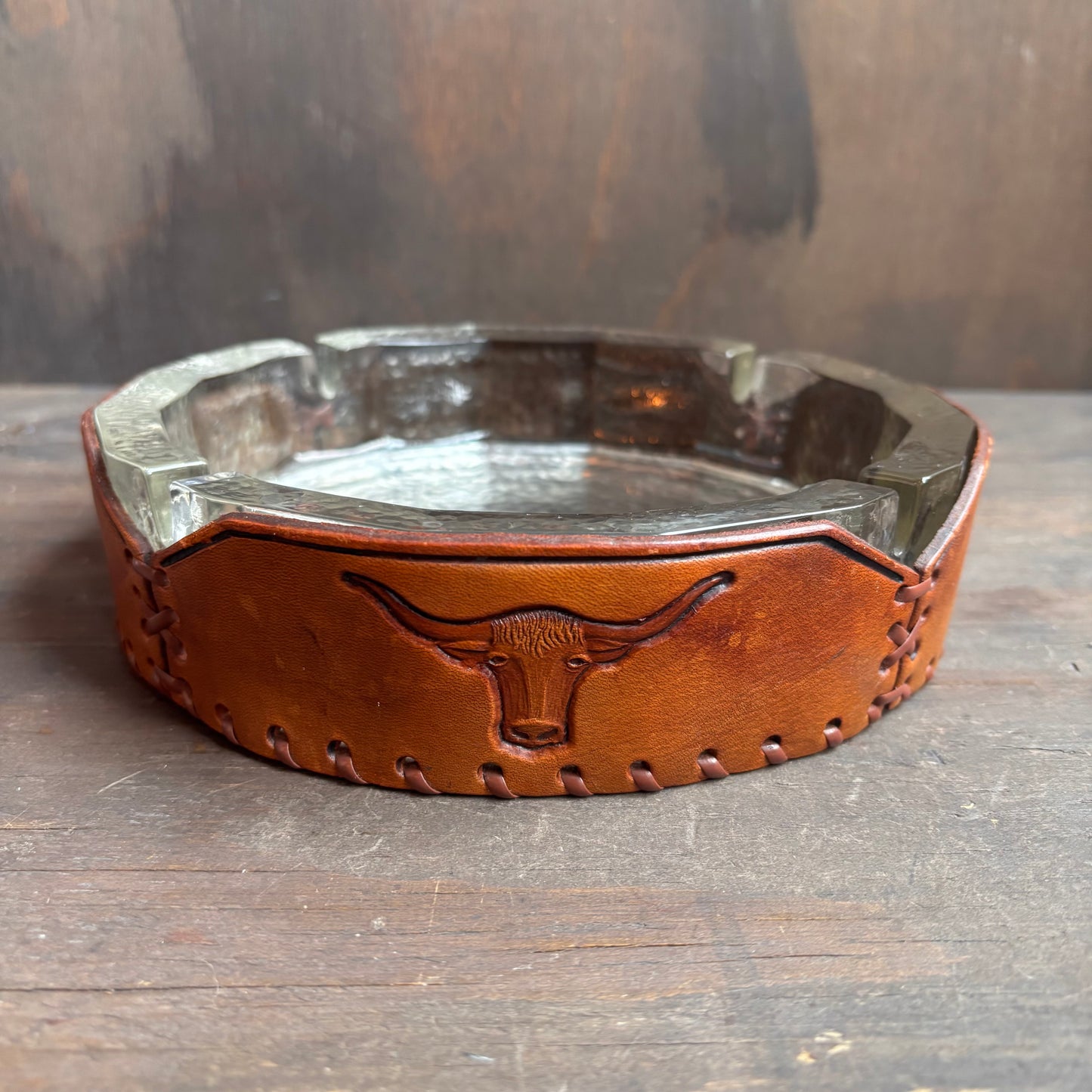 Leather and Glass Longhorn Ashtray