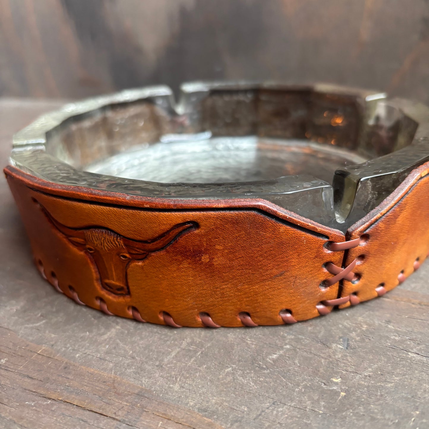 Leather and Glass Longhorn Ashtray